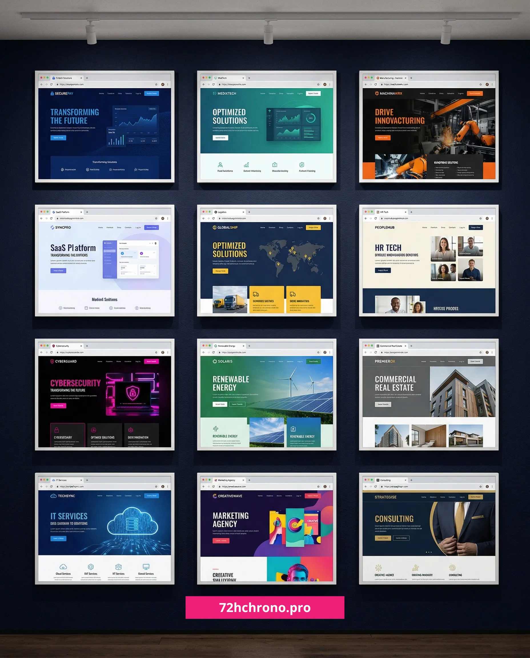 Mur de 12 sites web professionnels B2B créés par 72H CHRONO PRO couvrant fintech, medtech, industrie, cybersécurité, RH, immobilier, SaaS et consulting